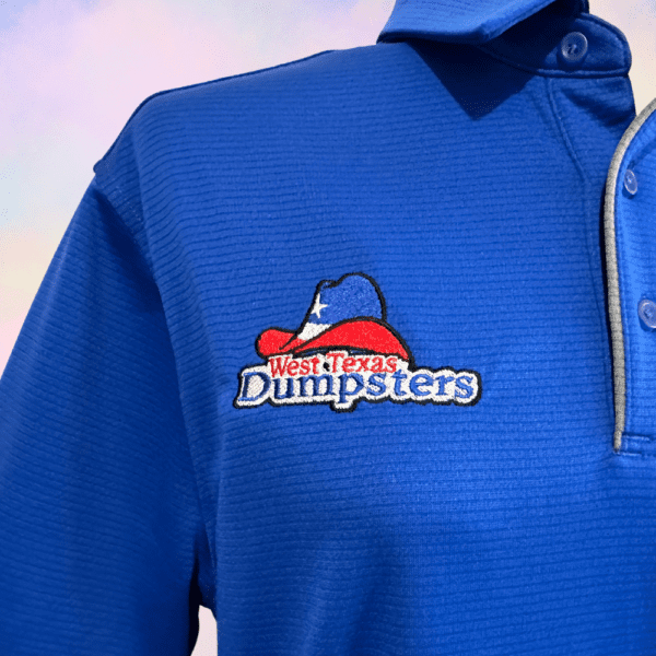 Colorful background with blue polo embroidered logo.