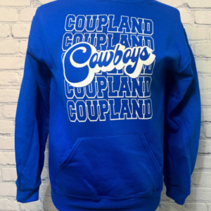 Blue school hoodie featuring beach bum graphics, DTF and screen printing, with the school name prominently displayed.