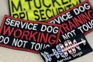 A variety of colorful embroidered patches, including hat patches, service dog patches, and name tags, showcasing the intricate designs and high-quality craftsmanship of Beach Bum Custom Apparel.